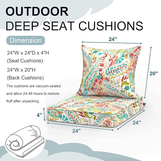 Outdoor Deep Seat Cushion Set, Water Repellent 24"x24" Patio Thick Cushions Replacement with Seat & Back Pillow for Patio Sofa, Wicker Chair, Couch - Pretty Paisley