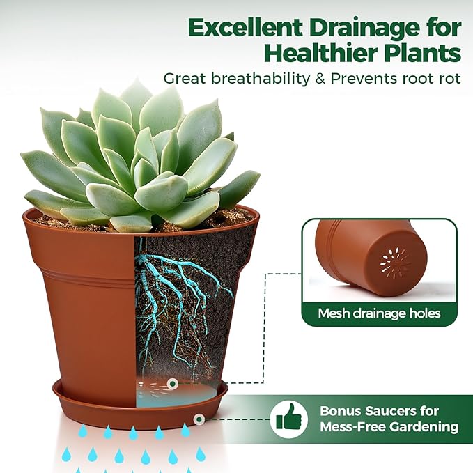 T4U 4 Inch Plant Pots 8-Pack, Small Flower Pots with Drainage Hole and Saucer, Decorative Nursery Pot Bulk for African Violet, Snake Plant, Succulent, Herb and Plants Indoor (8 Pcs 4" Pots)