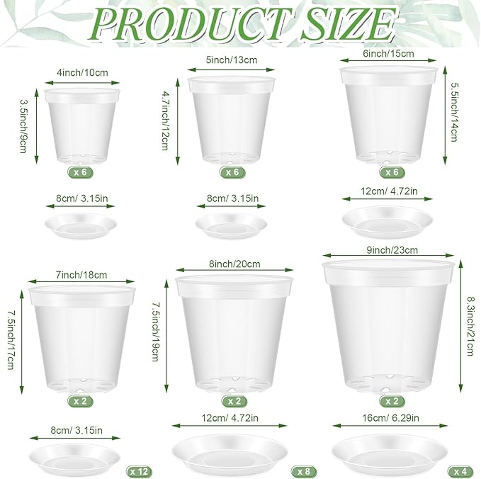 Vesici 24 Sets 4/5/6/7/8/9 Inch Clear Nursery Pots with Saucer Pack Variety Plastic Clear Plant Pots with Tray Drainage Hole for Indoor Plants Flowers Garden