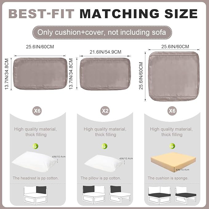 Patio Sectional Cushions, 14-Piece Replacement Cushions for Outdoor Furniture, Water-Resistant Outdoor Sofa Cushion for 6-Seat Rattan Wicker Sectional Conversation Sets (Khaki)