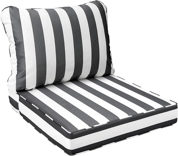 AAAAAcessories Outdoor Seat Cushions for Chairs, Fade-Resistant, Waterproof Patio Furniture Replacement Cushions, 22" x 22" x 3" + 22" x 17", Gray Cabana Stripe