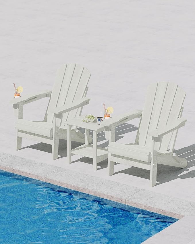 Folding Adirondack Chair Set of 2 with Side Table, All-Weather HDPE Outdoor Chair, Wooden Textured with Cup Holder for patios, Decks, Gardens, fire pits, White