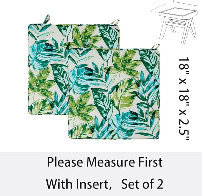 Outdoor Chair Cushions 18x18 Inch,Set of 2,Water Resistant Chair Pads with Ties,Square Seat Cushion 18"x18"x2.5",Patio Chair Cushion for Garden,Backyard Furniture(Palm Leaf)