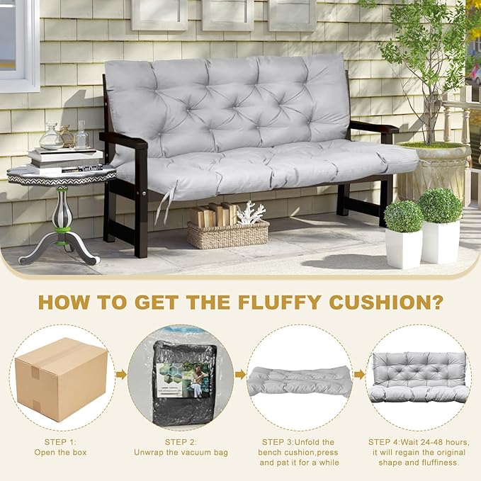60" Porch Swing Cushion with Backrest, Waterproof Outdoor Bench Swing Cushions 3 Seater Replacement Thickened Swing Cushions with Ties for Patio Garden Backyard,Light Gray,60x40in