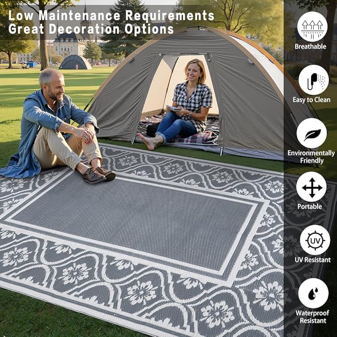 HUGEAR Outdoor Rug 9'x12' Patio Waterproof Mat Camping Carpet Outside Area Rug Reversible Grey Rugs for RV Deck Entryance Porch Picnic Balcony Beach