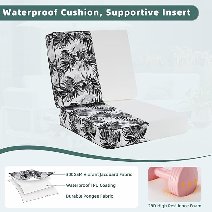 Favoyard Deep Seat Patio Cushion 22 x 22 x 3 in Waterproof Seat & Back Cushion Set with Color Fade Resisitant Pattern, Portable Handle, Attach Straps, Zipper on Removable Cover for Outdoor Furniture
