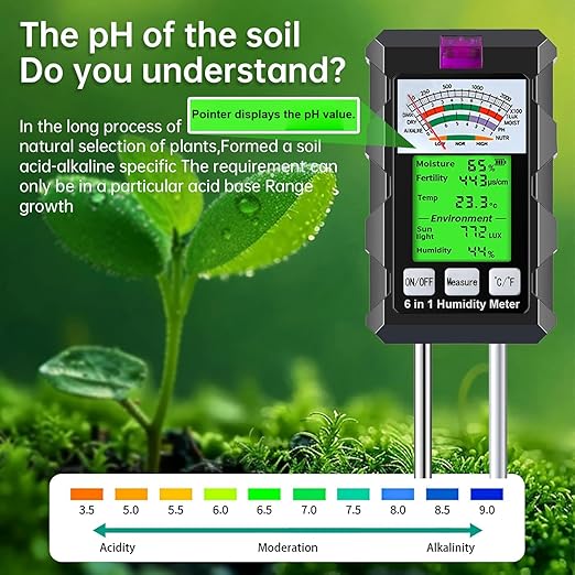 6-in-1 Soil Moisture Meter, Hygrometer for Plants with Soil Moisture, PH Meter, Temperature, Sunlight, Fertility, Environmental for Farming, Gardening (2*AAA Battery Needed)