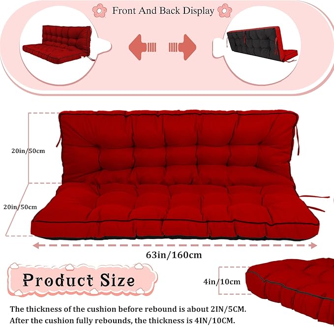 2-3 Seat Swing Replacement Cushion, Outdoor Bench Cushions with Backrest Thicken 4", Patio Furniture Garden Porch Loveseat Glider Pad Anti-Fading Waterproof (Red, 40x63in-thicken)