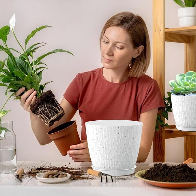 5 Pack 6 inch Flower Pots for Indoor Plants Planters for Outdoor Plants Decorative Home Garden Holiday Nursery Pot, Cute Plant Pots with Drainage Holes and Saucers White with Black Speckled