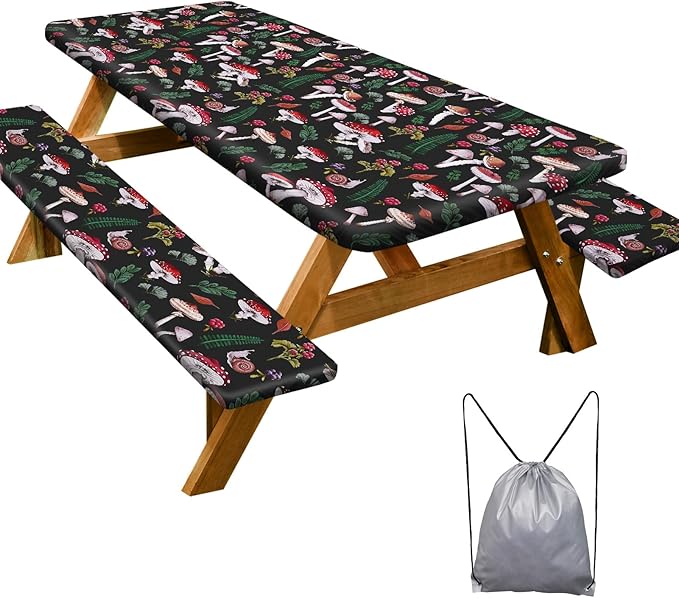 Picnic Table Cover with Bench Covers 6FT 3 Pcs Waterproof Windproof Aesthetic Camping Tablecloth with Drawstring Bag, Fitted for 6 Foot Rectangle Tables and Seats, 72 inch, Black Green Red