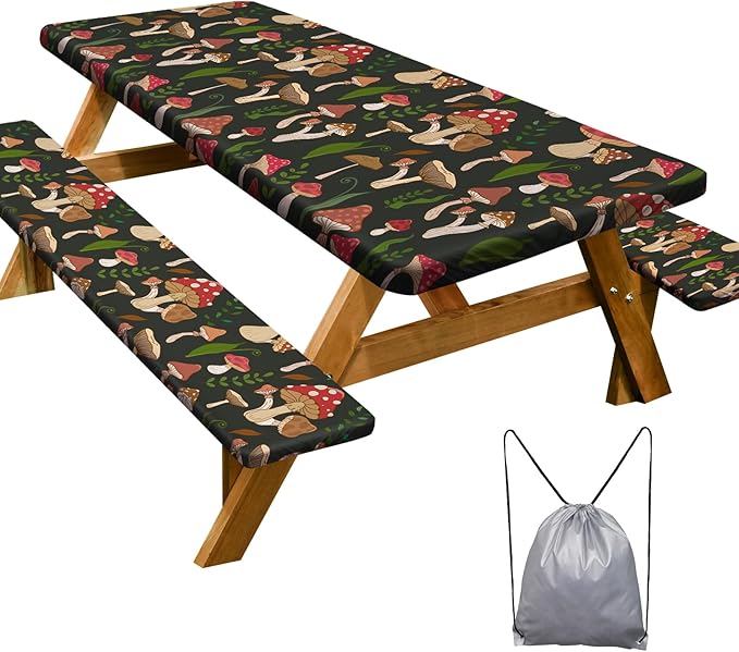 Picnic Table Cover with Bench Covers Camping Essentials Waterproof Windproof Camping Tablecloth with Drawstring Bag, Fitted Rectangle Tables and Seats, 60in, Black Red