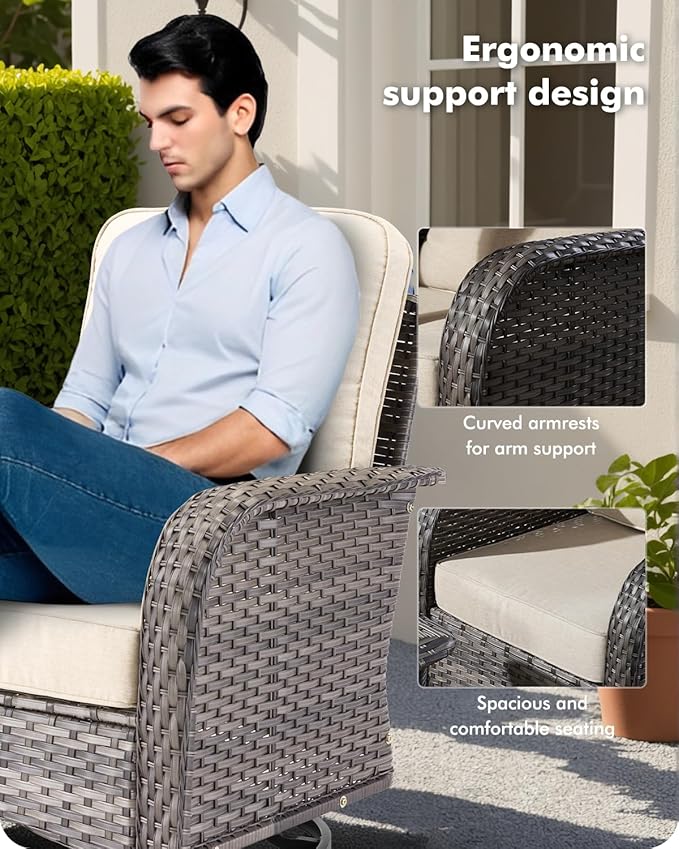 5 Pieces Patio Furniture Set,Outdoor Furniture with Rockers, Rattan Conversation Sets w/Coffee Table, Grey Wicker Light Beige Cushion