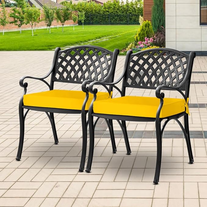 downluxe Waterproof Outdoor Chair Cushions for Patio Furniture, 18" x 18" x 2" Patio Chair Cushion with Adjustable Ties & Portable Handle, Square Outdoor Cushion with Removable Cover, Yellow, 2 Pack