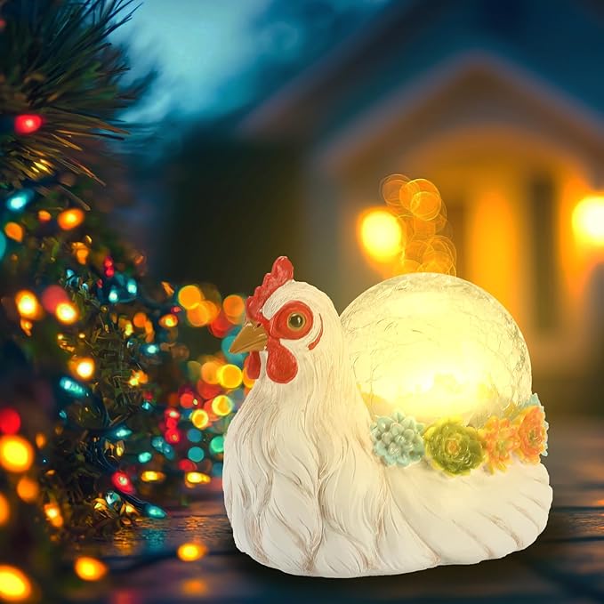 Solar Hen Garden Statue Lights for Outdoor Decor with Cracked Glass LED Ball Figurine Lighting Resin Succulent White Chicken Decorations for Patio Lawn Yard Valentine Gifts for Mom Wowen