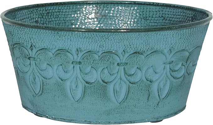 Headwind Ironlite Fleur De Lis Collection – 8" Surf Blue Bowl Decorative Planter with Drain Plug – Lightweight Metal Garden Pots for Indoor & Outdoor Planters Use by Robert Allen