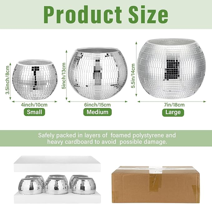 Inbagi 6 Pcs Disco Ball Planter Disco Ball Vase Centerpieces Mirror Glass Flower Vase Decor Candle Holder Bulk for Wedding Birthday Party Bedroom Kitchen Office(5.5 x 7 Inch,Silver)