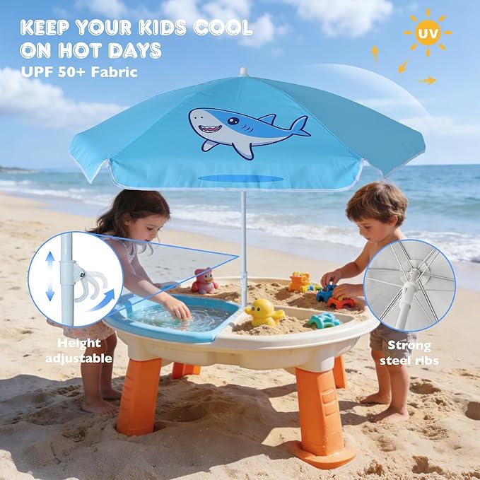 AMMSUN 5ft Seaside Umbrella for Sand Box Water Table - Kids Durable Umbrellas for children Picnic Beach Camping Garden Outdoor Play Shade (5ft Light Blue Shark)