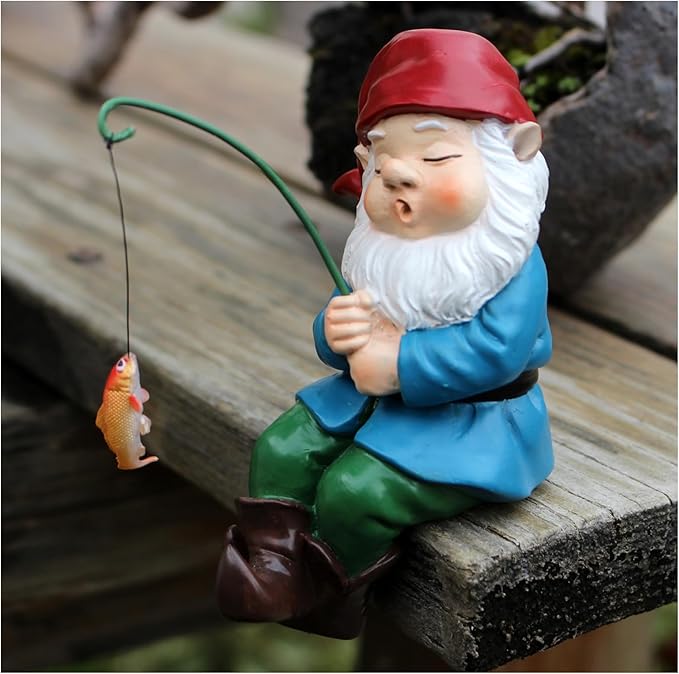 Garden Gnome Mini Sitter Statue, Fishing Gnome Garden Statue, Funny Outdoor Garden Decoration Micro Landscape Ornaments for Patio Yard Lawn