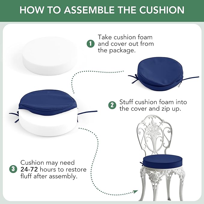 Outdoor Bistro Chair Cushions Set of 4, 15" D x 3" H Round Chair Cushions Waterproof and Fade Resistant Chair Cushion Pads with Non-Slip Ties and Removable Covers for Garden, Navy Blue