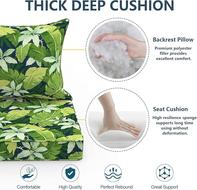 Outdoor Deep Seat Cushion Set, Water Repellent 24"x24" Patio Thick Cushions Replacement with Seat & Back Pillow for Patio Sofa, Wicker Chair, Couch - Jungle Leaves