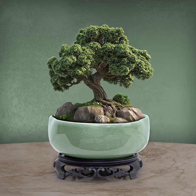 Green Ceramic Planters with Plastic Tray: 7.5" Hole-Free Lotus Bowl Planter for Hydroponic Water Lilies | Indoor/Outdoor Artistry Ice Crack Glaze Decorative Planter