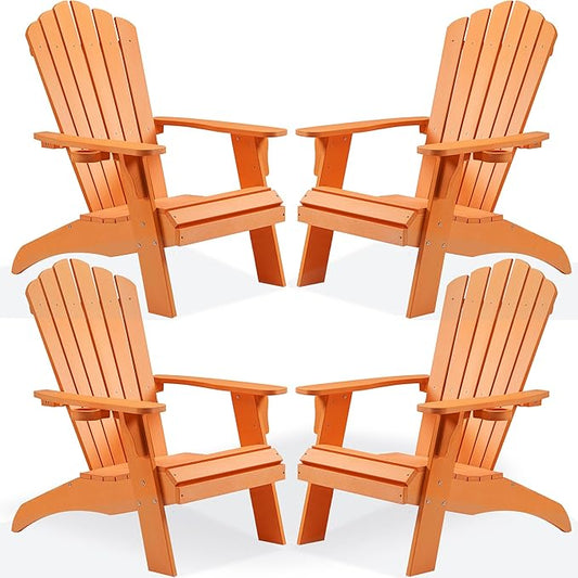 Psilvam Adirondack Chair, Oversized Poly Lumber Fire Pit Chair with Cup Holder, 350Lbs Support Patio Chairs for Garden, Weather Resistant Adirondack Chair Looks Like Real Wood (4, Orange)