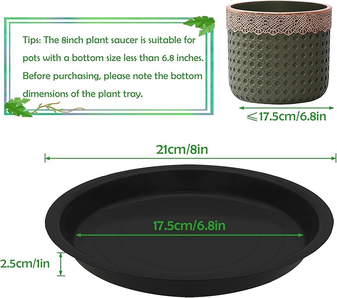 6 Pack 8 Inch Round Plant Saucers for Less 6.8 Inch Pot Indoors Outdoors Plant Trays for Pots Planter Saucer Plastic Plant Drip Tray Planter Water Tray for Potted Plants(Black, 8"(6pcs))