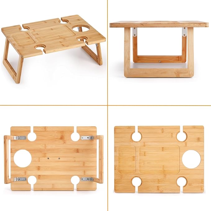 Peohud Portable Wine Picnic Table, Foldable Champagne Picnic Snack Table Tray, Wooden Outdoor Picnic Table with Glass Holder for Park, Beach, Camping, Bed, Wine Lover Gift