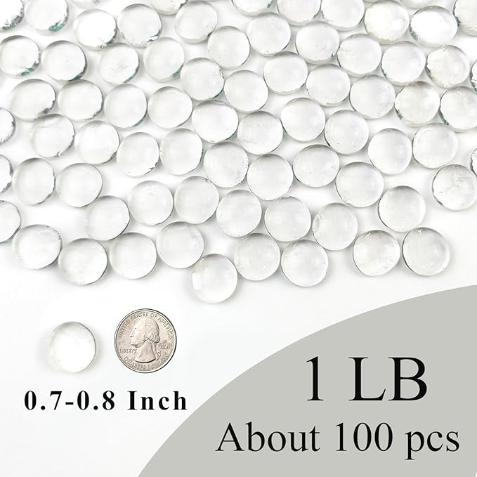 1lb Clear Glass Beads for Vases, 100 Pcs Glass Pebbles, Clear Flat Glass Marbles for Vase Filler Flower Candle Crafts Centerpieces and Wedding Decoration