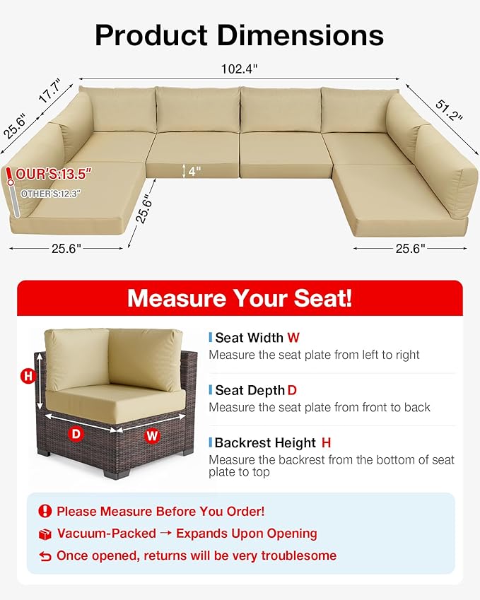 YEFU Outdoor Cushions for Patio Furniture: Replacement Cushions for Outdoor Furniture - Waterproof Couch Cushion - Fade-Resistant/Easy Clean - 14 Piece Sectional Cushion - Non-Slip/Storage Bag/Beige
