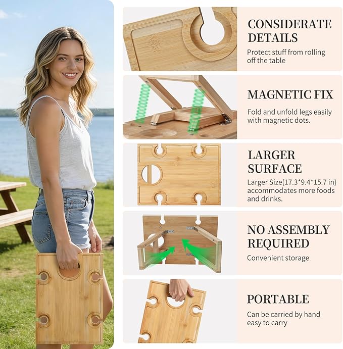 Portable Picnic Table, Folding Wine Picnic Table with 5 Wine Glasses Holder, Small Champagne Snack Cheese Table for Camping Beach Park