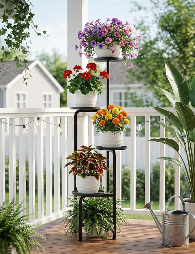 TOSKING 4 Tier Corner Plant Stand Indoor Outdoor, Heavy Duty Metal Flower Pot Holder Shelf for Multiple Plants, Space Saving Patio Garden Balcony Living Room Decor，Black