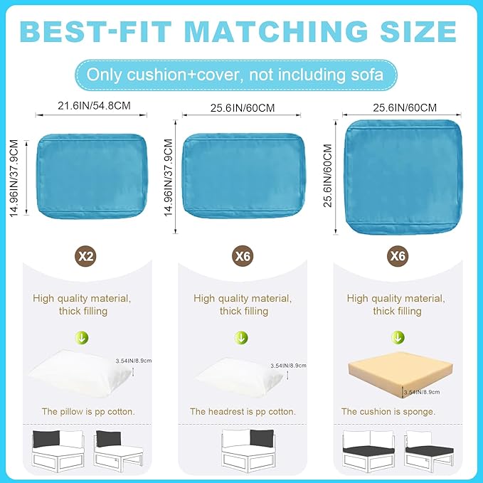 Patio Sectional Cushions, 14-Piece Replacement Cushions for Outdoor Furniture, Water-Resistant Outdoor Sofa Cushion for 6-Seat Rattan Wicker Sectional Conversation Sets (Sky Blue)