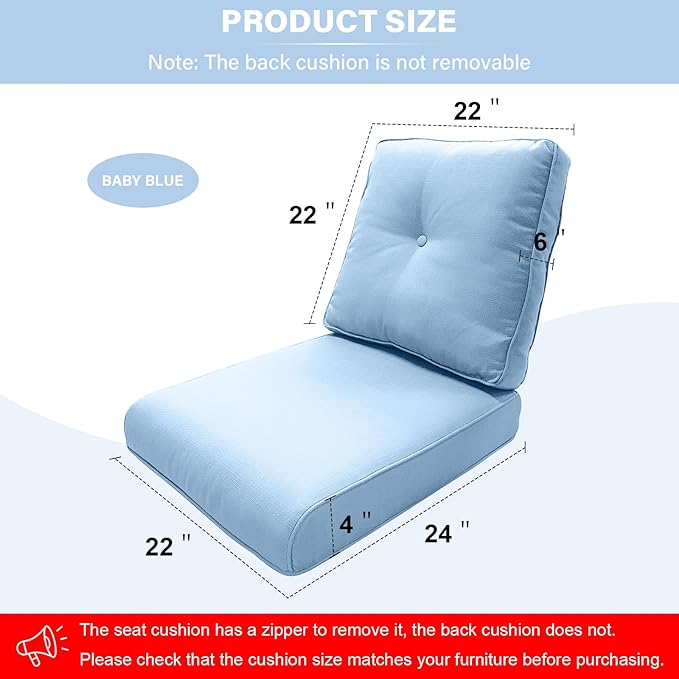 Outdoor Chair Cushions 8 Sets - 22*24" Patio Furniture Cushion with Removable Cover, 28D High Density Sponge Filling Outdoor Patio Cushion for Chairs, Rocker, Sofa and Loveseat - Baby Blue