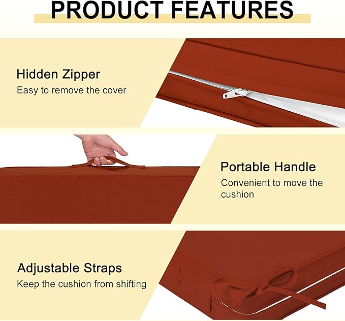 downluxe Waterproof Outdoor Chair Cushions for Patio Furniture, 22" x 22" x 3" Patio Chair Cushion with Adjustable Ties & Portable Handle, Square Outdoor Cushion with Removable Cover, Orange, 2 Pack