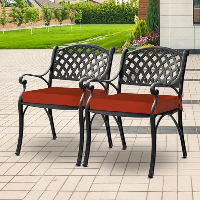 downluxe Waterproof Outdoor Chair Cushions for Patio Furniture, 19" x 19" x 2" Patio Chair Cushion with Adjustable Ties & Portable Handle, Square Outdoor Cushion with Removable Cover, Orange, 2 Pack
