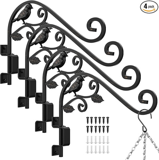 Plant Hangers Outdoor, 4 Pack 15.15 inch Swivel Plant Hangers Indoor Wall Mount Sturdy Wrought Iron Plant Wall Hanger, Wall Plant Hanger Indoor for Bird Feeders, Planters, Lanterns, Wind Chime, Black