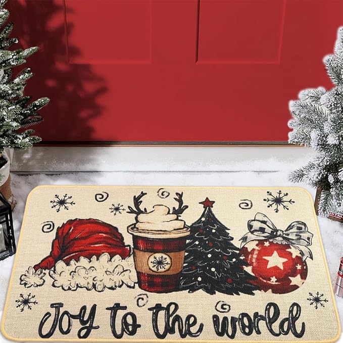 Christmas Welcome Doormat，Winter Outdoor Santa Hat Coffee Xmas Tree Rug Decor Floor Front Door Mat Non-Slip Entrance Mat for Home Kitchen Bathroom Decorations 17 X 29 Inch