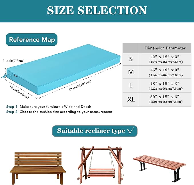 Outdoor Bench Cushions 59 x 18 Inch Thick Waterproof Porch Swing Cushions with Tie Patio Furniture Chair Cushion Bench Pad Color Fastness Backyard Seat Pads Teal
