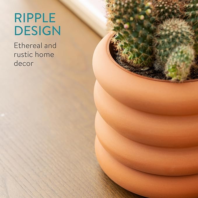 Navaris Ripple Terracotta Outdoor Plant Pot - Ribbed Design, Modern Style with Removable Base Drainage
