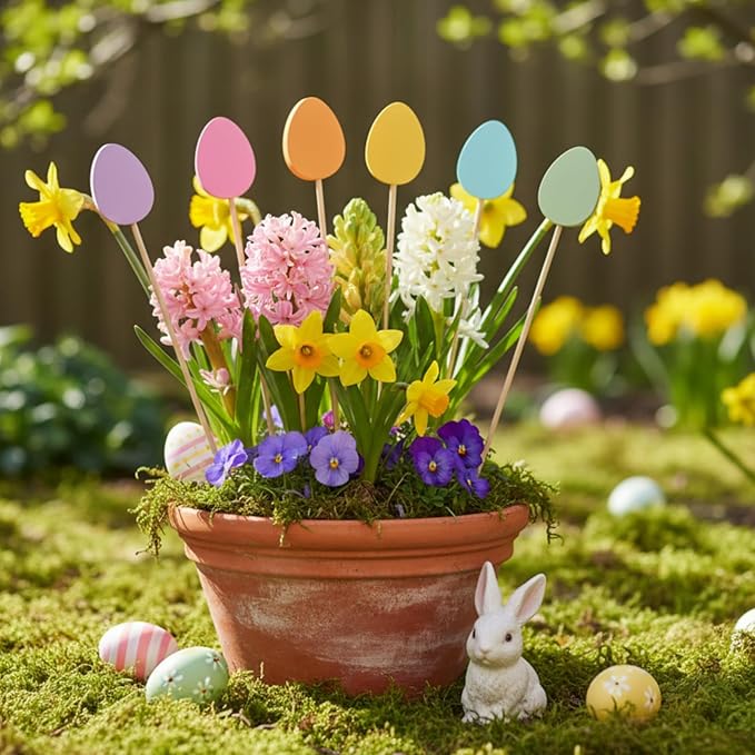 6 Pcs Wooden Easter Egg Garden Stakes Yard Decoration Front Yard Art Stick Flower Sticks Holiday Supplies for Easter Indoor and Outdoor Lawn Path Terrace Flower Pots Theme Event Party