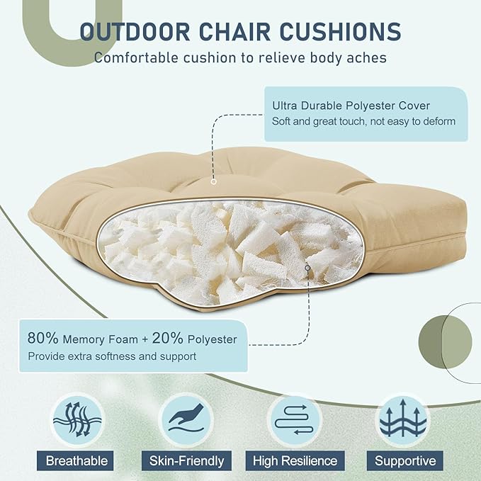 downluxe Outdoor Chair Cushions Set of 4 for Patio Furniture, Waterproof Tufted Overstuffed Patio Furniture Cushions, Thick Outdoor Seat Cushion, 19" X 19" X 5", Khaki