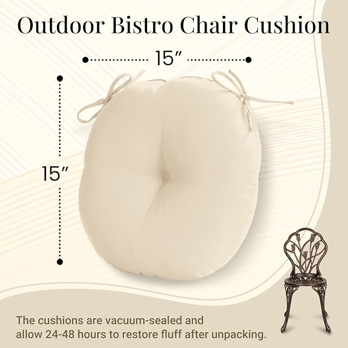 downluxe Bistro Chair Cushions for Patio Furniture, Water-Resistant Round Outdoor Chair Cushions Set of 2 with Non-Slip Ties, 15" x 15", Beige