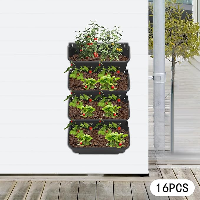 Eapmic Vertical Wall Planter with 16 Pots, Hanging Garden Plant Flowerpot Holder, Stackable Wall-Mounted Planter, Balcony Planters for Flowers Vegetables Fruits (Black, 16 Pots)