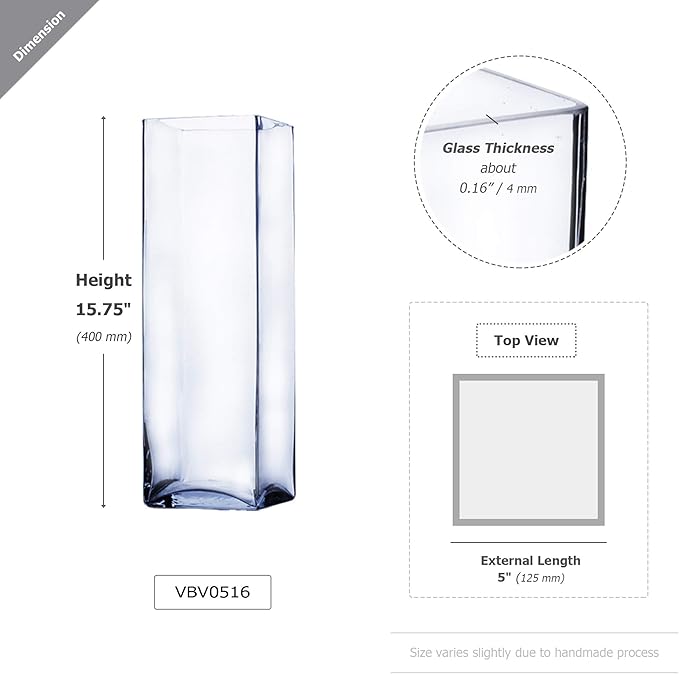 WGV Tall Square Vase Glass Block, Length 5", Height 16", Clear Large Floral Plant Container, Fish Tank, Planter Terrarium for Wedding Party Event, Home Office Decor, 1 Piece