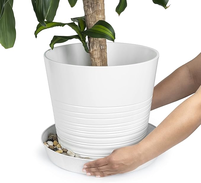 18 Inch (16.3 Inch Base) Case of 2 Plant Saucers - White Granite Colored Polypropylene – Heavy Duty Indoor/Outdoor – Collects Flower Pot Drainage and Excess Water– Made in USA