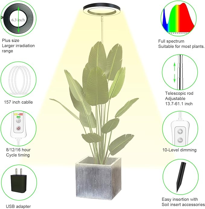 Plant Grow Light,yadoker LED Growing Light Full Spectrum for Indoor Plants,Height Adjustable, Automatic Timer, 5V Low Safe Voltage,Idea for Large Plant Light