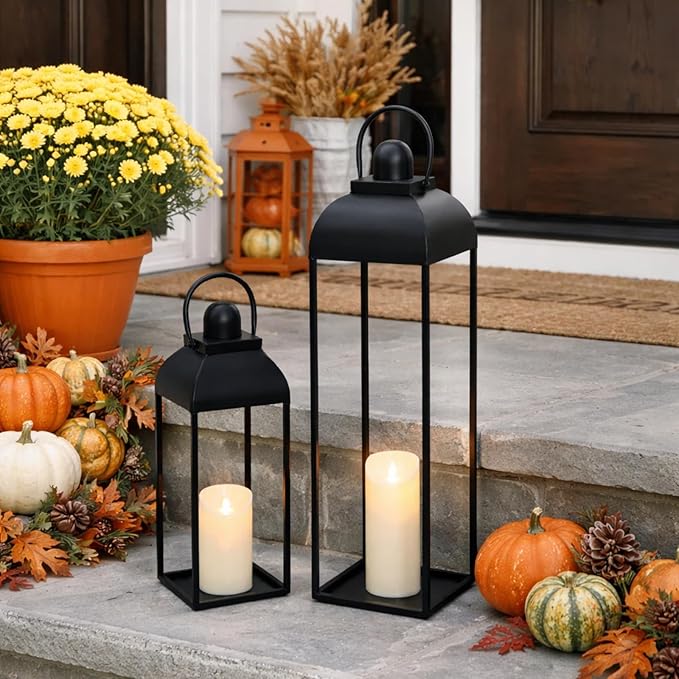 25'' 19'' Lanterns Decorative Outdoor Indoor, Black Metal Outdoor Candle Lanterns, Set of 2 Modern Farmhouse Decorative Lantern for Fireplace, Patio, Porch, Floor, Christmas Lantern (No Glass)
