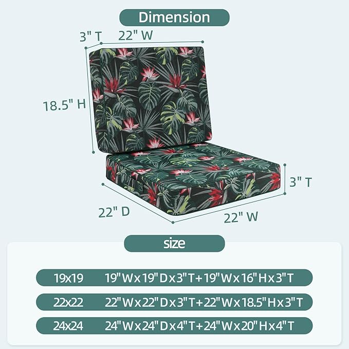 Favoyard Deep Seat Patio Cushion 22 x 22 x 3 in Waterproof Seat & Back Cushion Set with Color Fade Resisitant Pattern, Portable Handle, Attach Straps, Zipper on Removable Cover for Outdoor Furniture