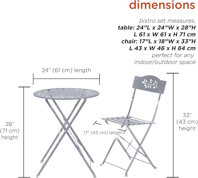 Alpine Corporation Indoor/Outdoor 3-Piece Bistro Set Folding Table and Chairs Patio Seating, Gray